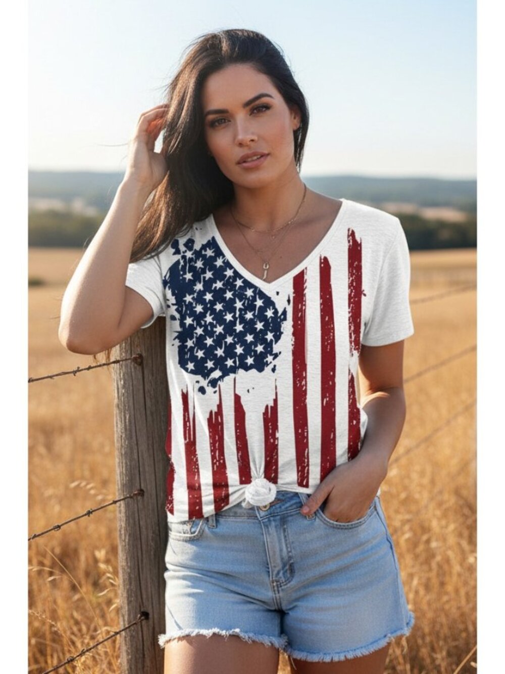 Rustic American Flag V-Neck Retro Classic Shirt USA Patriotic Top Graphic Tee